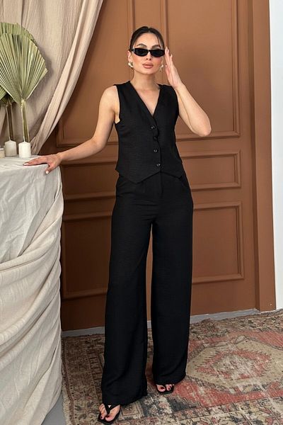 spirituel Women's Bottom Top Set Linen Button V-Neck Vest Loose Leg Pants Set