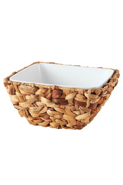 Bien Servi Ceramic Square Serving Bowl with Rattan Basket White and Brown