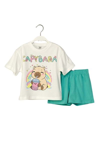 ww waka waka kids store Capybara Print Girls' T-Shirt and Shorts Set Summer Comfort and Adorableness