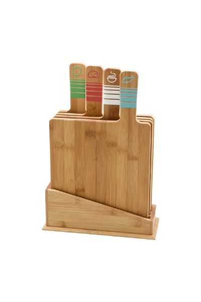 Bien Servi 4-Piece Color-Coded Rectangular Bamboo Cutting Board Set with Holder Brown