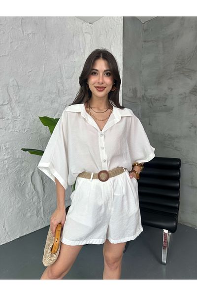 Elif Özbey Butik White Straw Belt Shorts Suit