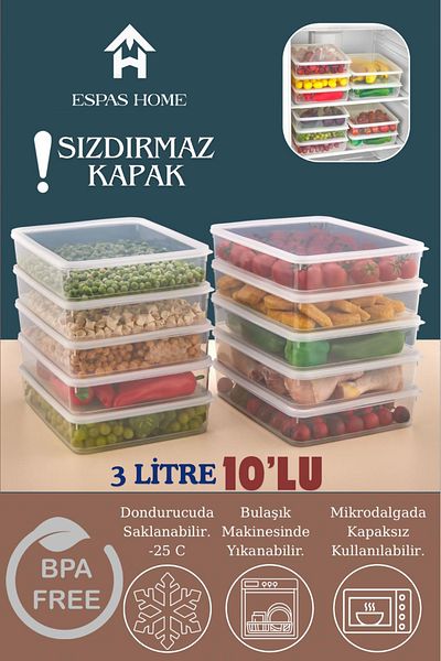 Espas Home 10-Piece Leakproof Freshbox Storage Container – Microwave and Refrigerator Compatible / 3000 ml – Transparent
