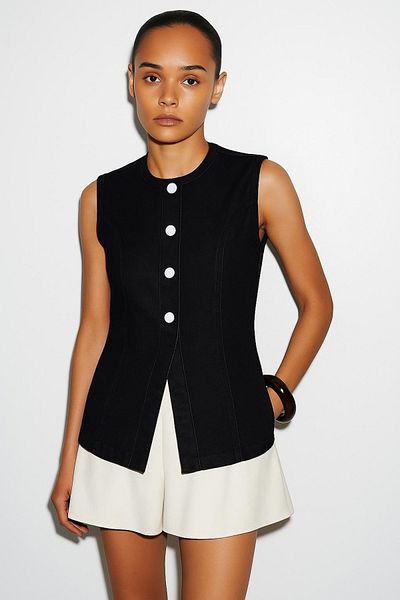 HAKKE Denim Vest with Gold Buttons and Stitching Detail