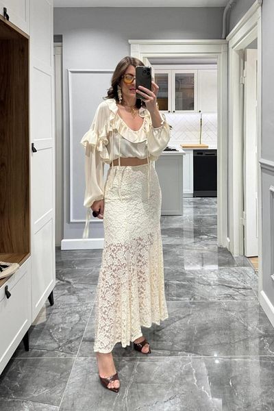 Banu Angay Waist Elastic Lace Skirt Cream