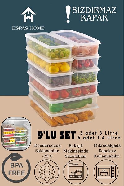 Espas Home 9-Piece Leakproof Freshbox Storage Container – Microwave and Refrigerator Compatible / 3X3000 ml - 6X1400 ml