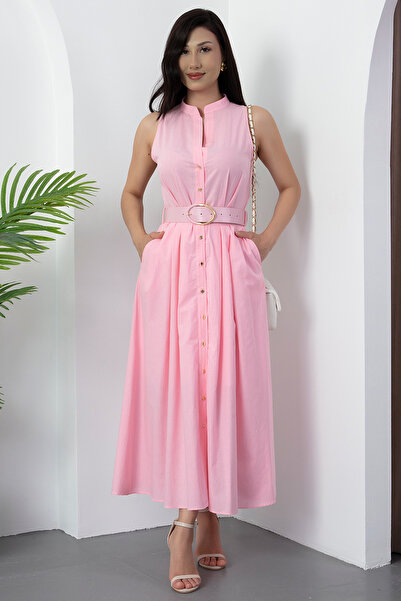 PULLIMM Floor-Length Buttoned Leather Belt Dress Grs3747