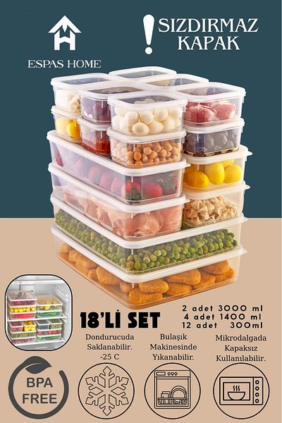 Espas Home 18-Piece Leakproof Freshbox Storage Container – Microwave and Refrigerator Compatible / 2X3000Ml-4X1400Ml-12X300Ml