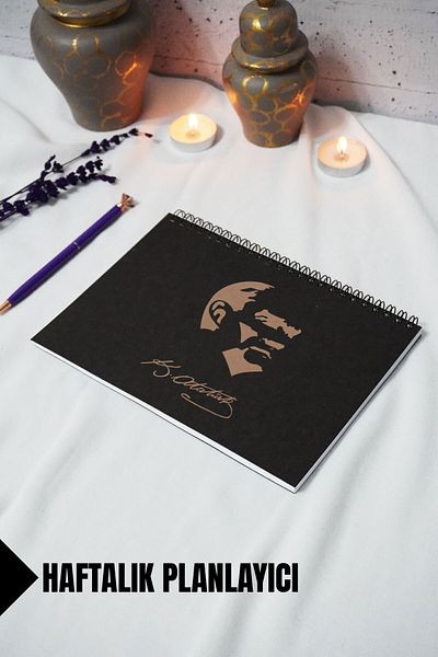 markcat A5 Mustafa Kemal Ataturk Design Black Kraft Cover Notebook - Weekly Planner - 52 Sheets