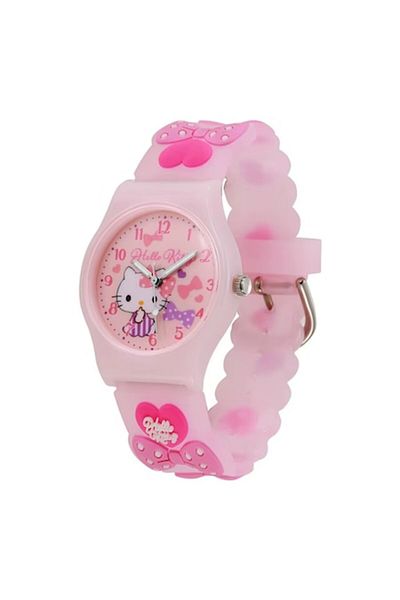 Hello Kitty Watch with bows and hearts, silicone strap, plastic dial, for girls, Pink