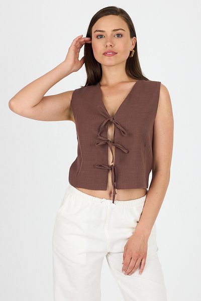 Rays Brown Linen Look 100% Cotton Tie Detailed Vest 3853