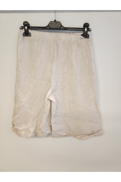 della moor Women's Beige Italian Elastic Waist Wide Leg Long Linen Shorts