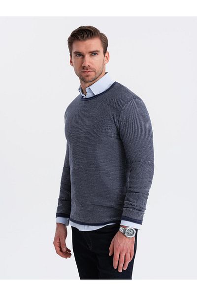 OMBRE Herren Strickpullover mit strukturierten Punkten - Marineblau V1 OM-SWSW-0118 L