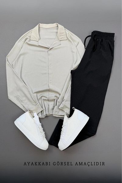 NO 601 Men's Gray Twisted Shirt Black Trousers Set