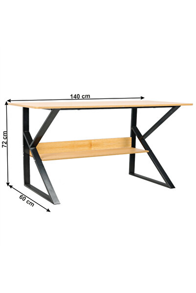 DEC53 Desk with shelf, beech brown laminated MDF and black iron legs Tarcal 140x60x72 cm