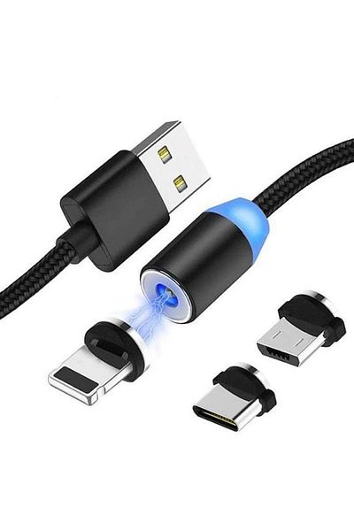 SIKS Cablu de încărcare 3 în 1, magnetic, Lightning, Micro-USB, Tip C, Negru