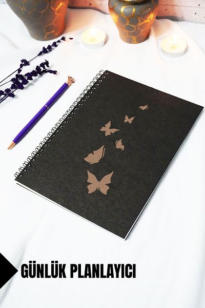 markcat A5 Butterfly Themed Black Kraft Cover Notebook - Daily Planner - 45 Sheets (90 Pages) 15X21 cm