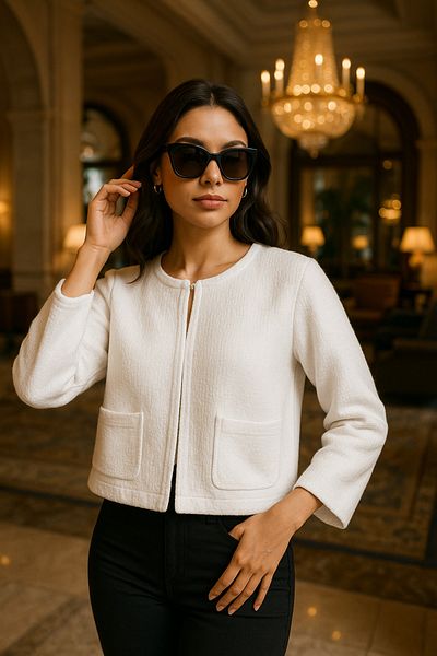 Rich Women's White Double Pocket Seasonal Stylish Cardigan with Hook Closure