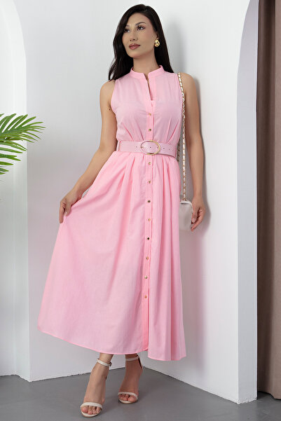 PULLIMM Floor-Length Buttoned Leather Belt Dress Grs3747
