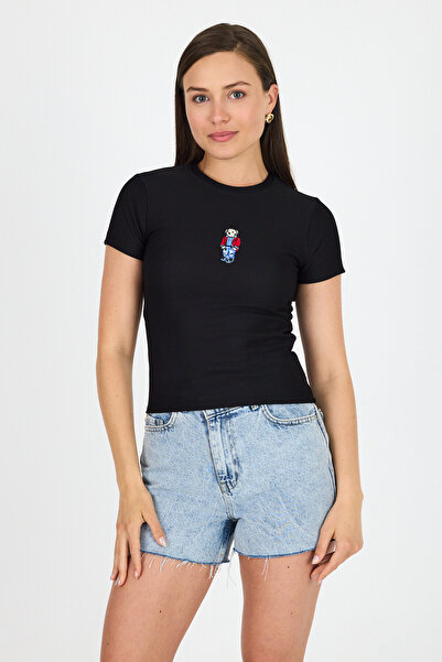 Rays Μαύρο Αρκουδάκι Κέντημα Κεντημένο Crop T-Shirt 9203M