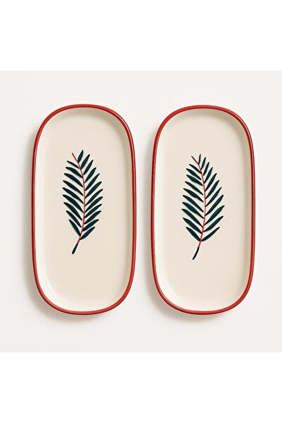 ela777 طبق قارب سيراميك مستطيل منقوش مكون من قطعتين 24 × 4 سم 777