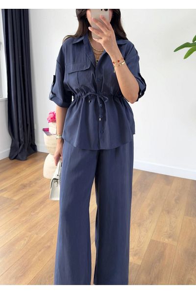 Astrea Butik Dark Blue Pocket Detail Waist Tie Shirt Pants Set