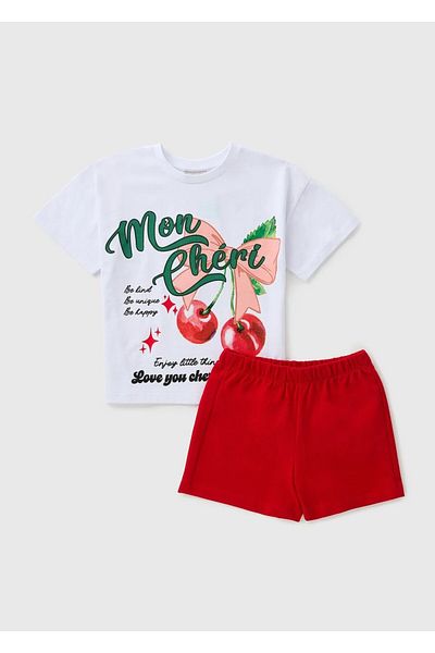 Kübra Tekstil Girl's "Mon Chéri" Text Printed Cherry Themed T-Shirt and Shorts Set