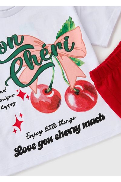Kübra Tekstil Girl's "Mon Chéri" Text Printed Cherry Themed T-Shirt and Shorts Set