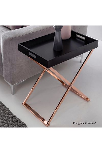 Decorer Masuta cu tava servire din MDF negru si picioare lemn natur Masino 48x34x62 cm