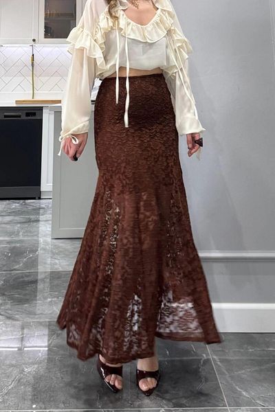 Banu Angay Waist Elastic Lace Skirt Brown