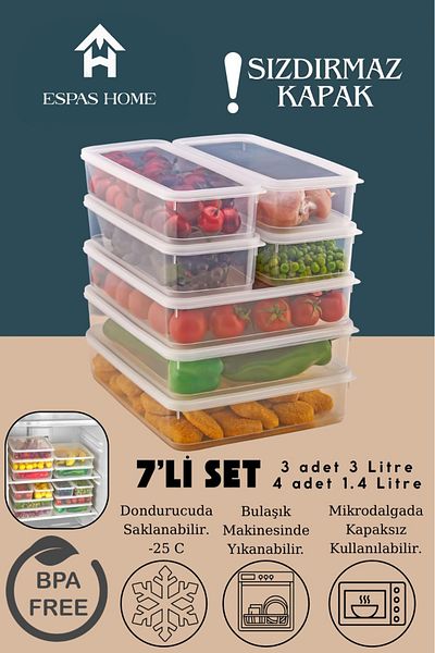 Espas Home 7-Piece Leakproof Freshbox Storage Container – Microwave and Refrigerator Compatible / 3X3000 ml - 4X1400 ml