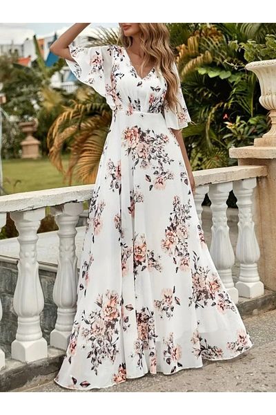 Modayakamoz Rochie lungă elegantă pentru femei, cu mâneci scurte, cu decolteu în V, cu imprimeu floral