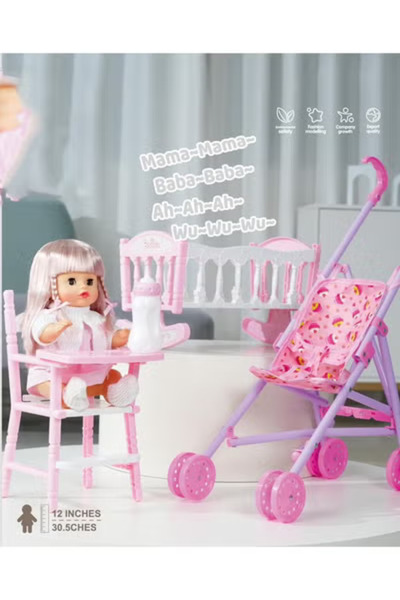 Fun Moment بيت دمية مع عربة أطفال وسرير وكرسي