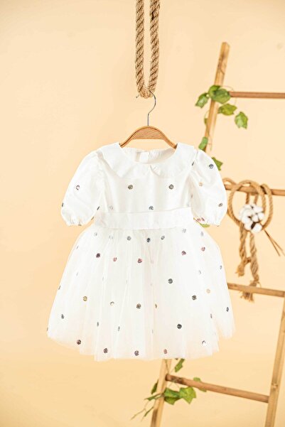 Mini Chics فستان بناتي بياقة بيول منقطة