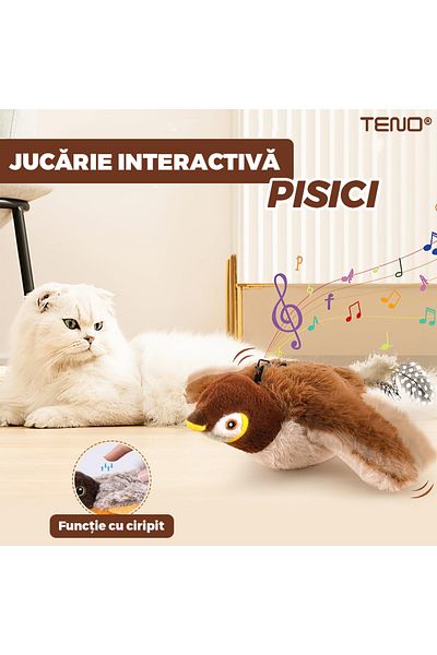 Teno Teno® Bird Interactive Cat Toy, bird with wings, sounds, USB rechargeable, brown