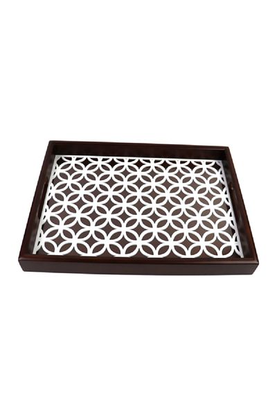 Bien Servi Rectangle Shape Floral Design Wooden Serving Tray Brown and White