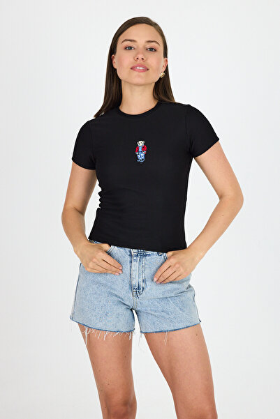 Rays Μαύρο Αρκουδάκι Κέντημα Κεντημένο Crop T-Shirt 9203M