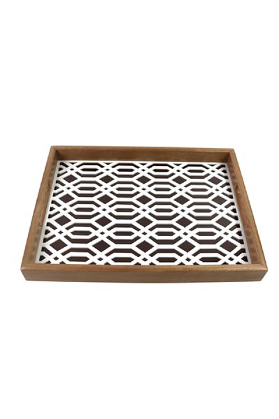 Bien Servi Rectangle Shape Lines Design Wooden Serving Tray Brown