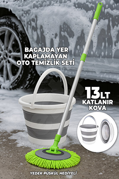 Destpak Çizmez Oto Mop ve 13 LT Katlanır Kova - Bagajda Yer Kaplamaz - Oto Fırçası - Araba Yıkama Mopu