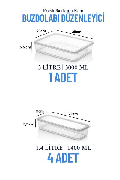 Espas Home 5-Piece Leakproof Freshbox Storage Container – Microwave and Refrigerator Compatible / 1X3000 ml - 4X1400 ml