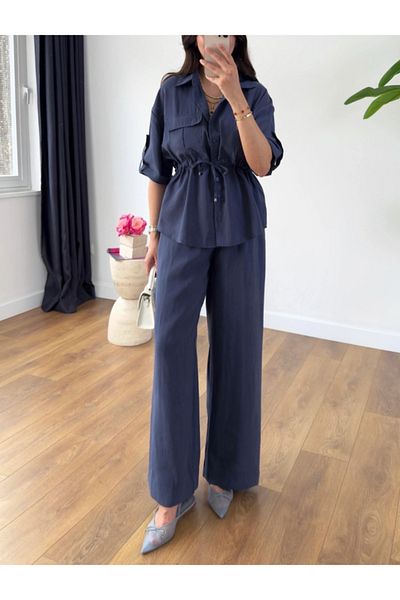 Astrea Butik Dark Blue Pocket Detail Waist Tie Shirt Pants Set
