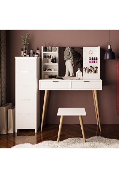 Bimossa U4050 Bella Makyaj Masası Seti 5 2 Çekmeceli Dolaplı Tabureli Beyaz | Aynalı Kancalı