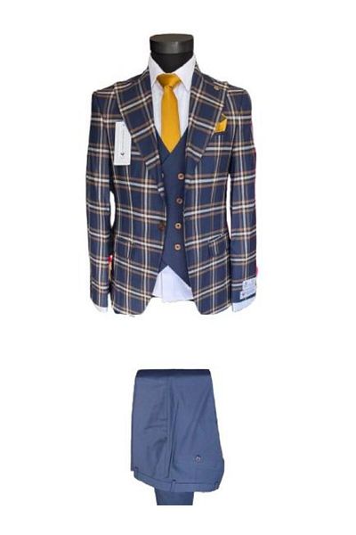 marco mılano Men's Slim Fit Suit, Dark Blue with Brown and Beige Checks, Waist 1
