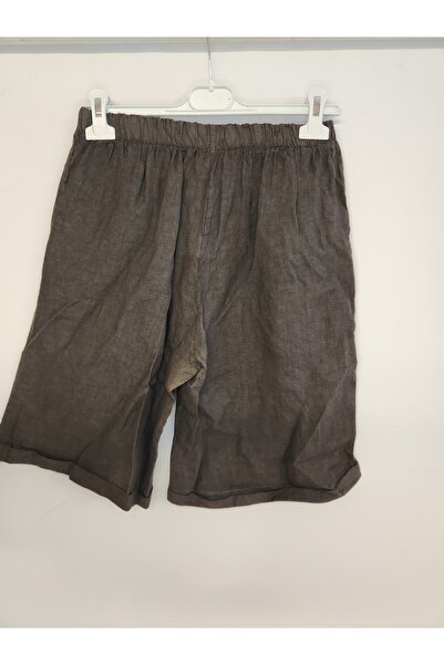 della moor Women's Brown Italian Elastic Waist Wide Leg Long Linen Shorts