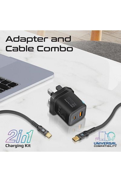 Promate 25W Dual PD Wall Charger, 60W USB-C Cable, Quick Charge 3.0 Port, 1.2m 60W Transparent Cable
