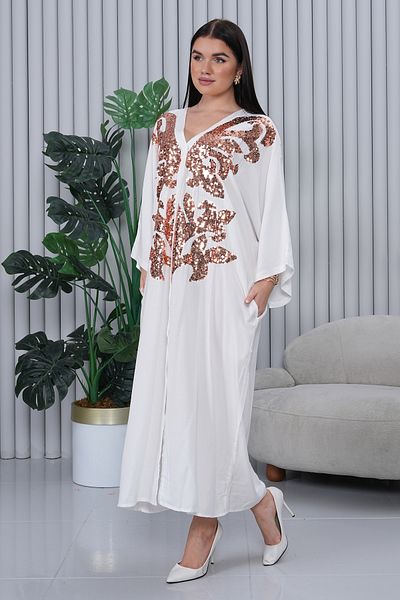 EL jadida Women's Sequined Buttoned Plus Size Viscose Long Dress White