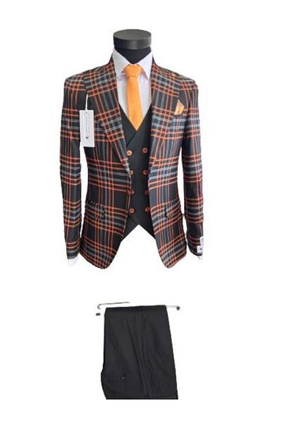 marco mılano Men's Slim Fit Suit, Black with Orange Checks, Waist 1