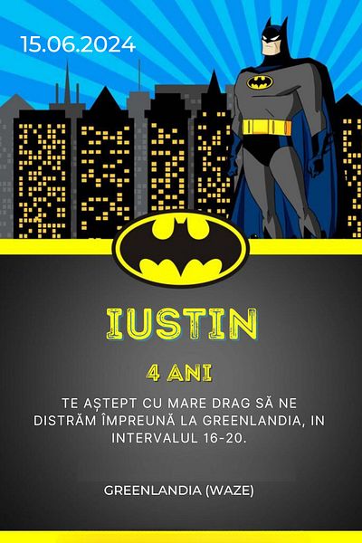 OEM Set 10 invitatii personalizate pentru aniversare copii, plic inclus, 10x15 cm, tematica Batman