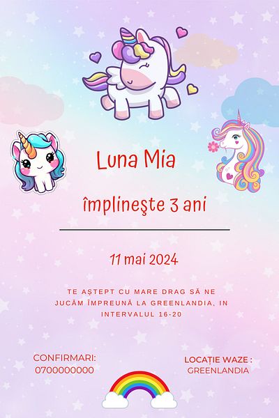 OEM Set 10 invitatii personalizate pentru aniversare copii, plic inclus, 10x15 cm, tematica Unicorni