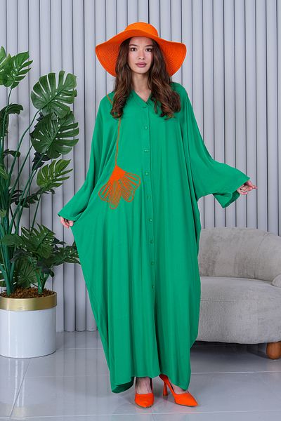 EL jadida Women's Embroidered Buttoned Plus Size Viscose Long Dress Green