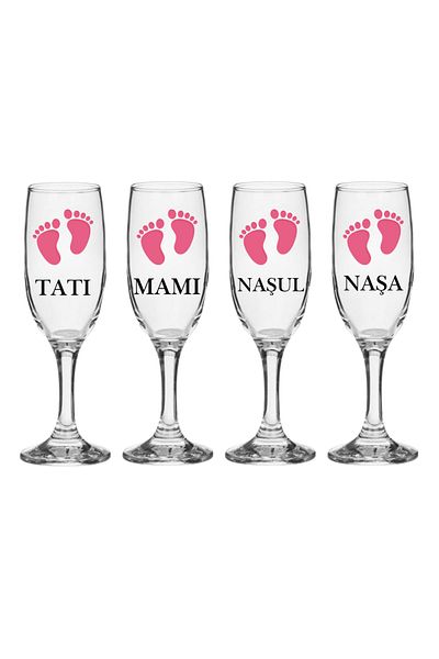 OEM Set pahare Sampanie din sticla, personalizate Parinti si Nasi, pentru botez 4 bucati